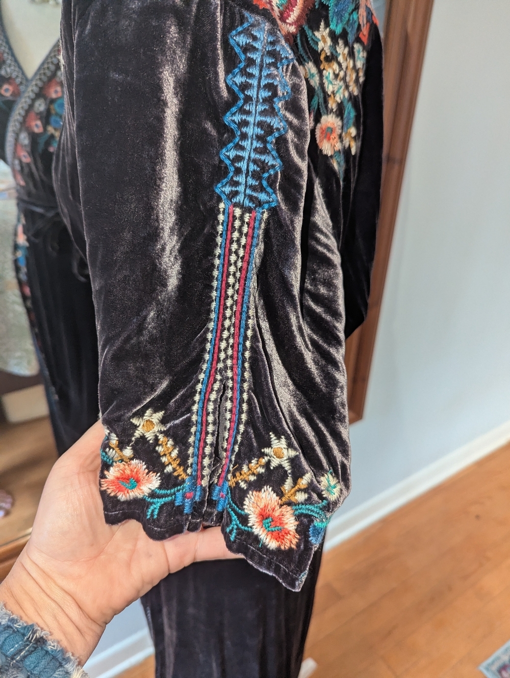 Johnny Was Black Velvet Embroidered Wrap Maxi Dress - Picture 5 of 11